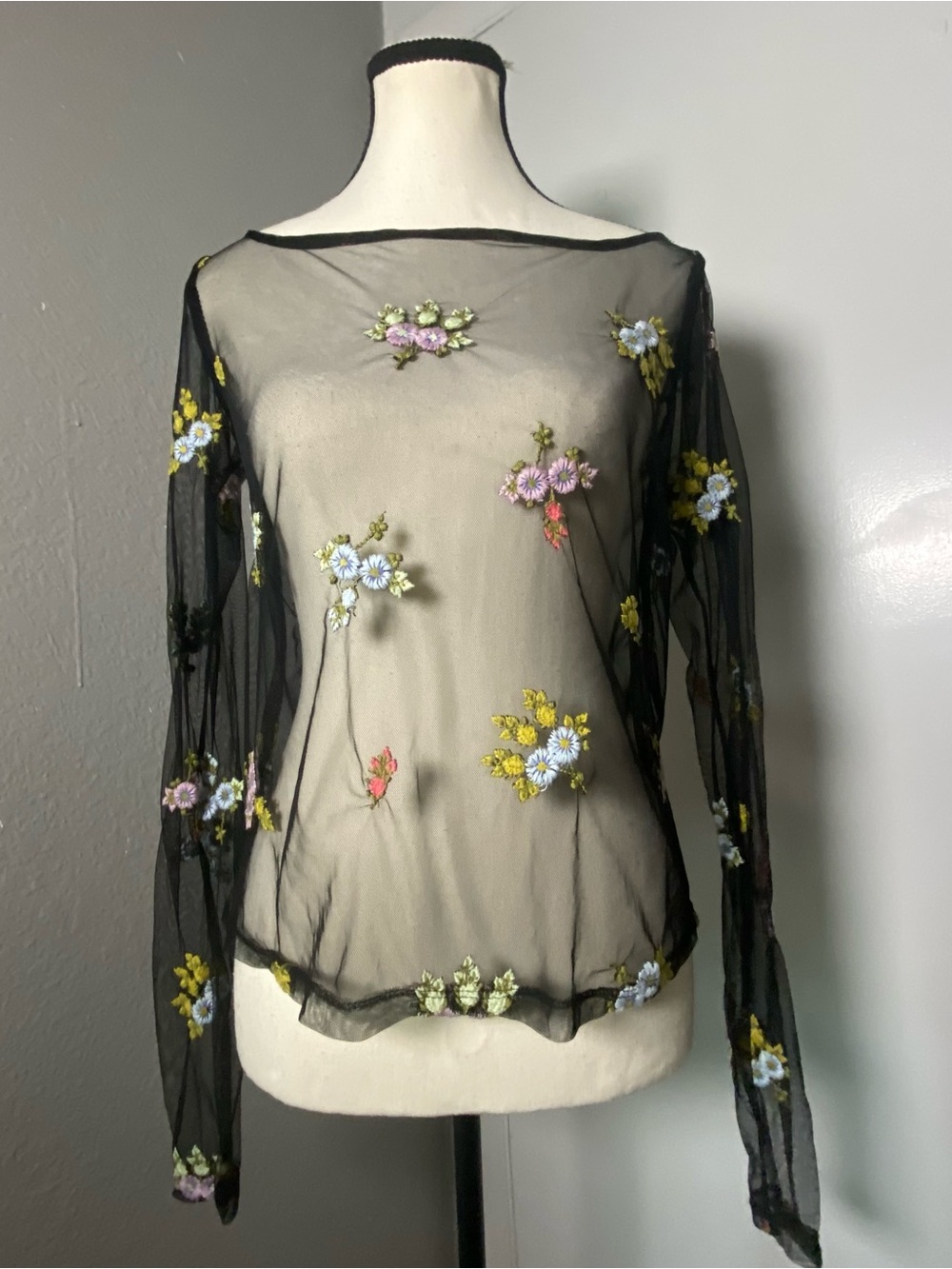 We The Free Black Mesh Multicolor Embroidered Floral Top Size XS
